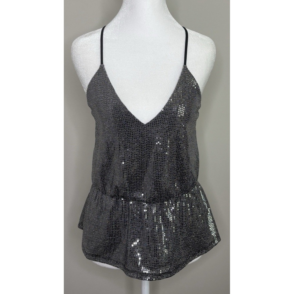 Express Womens Sequin Peplum Camisole Top Metallic Silver V-Neck Small NWT Party